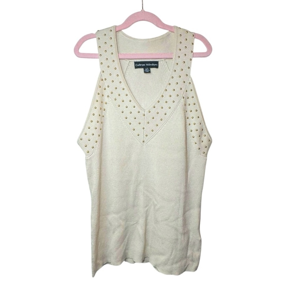 CATHERINE MALANDRINO Women's Ivory V-Neck Studded Tank Top Size L